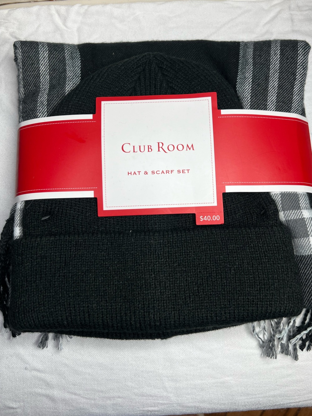 Club Room Black Beanie with Gray Plaid Scarf Set